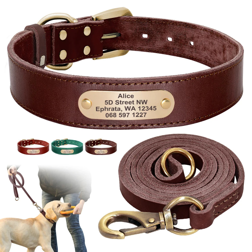 Personalized Genuine Leather Dog Collar & Leash Set – Adjustable & Durable for Small to Large Breeds