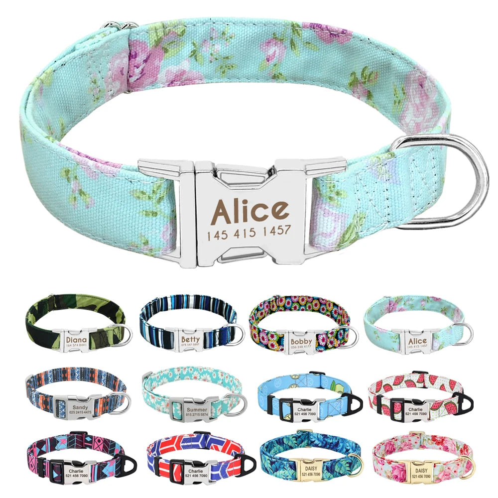 Personalized Nylon Dog or Cat Collar with Engraved ID – Adjustable Anti-Lost Nameplate for Small, Medium & Large Dogs Ditzy Petunia