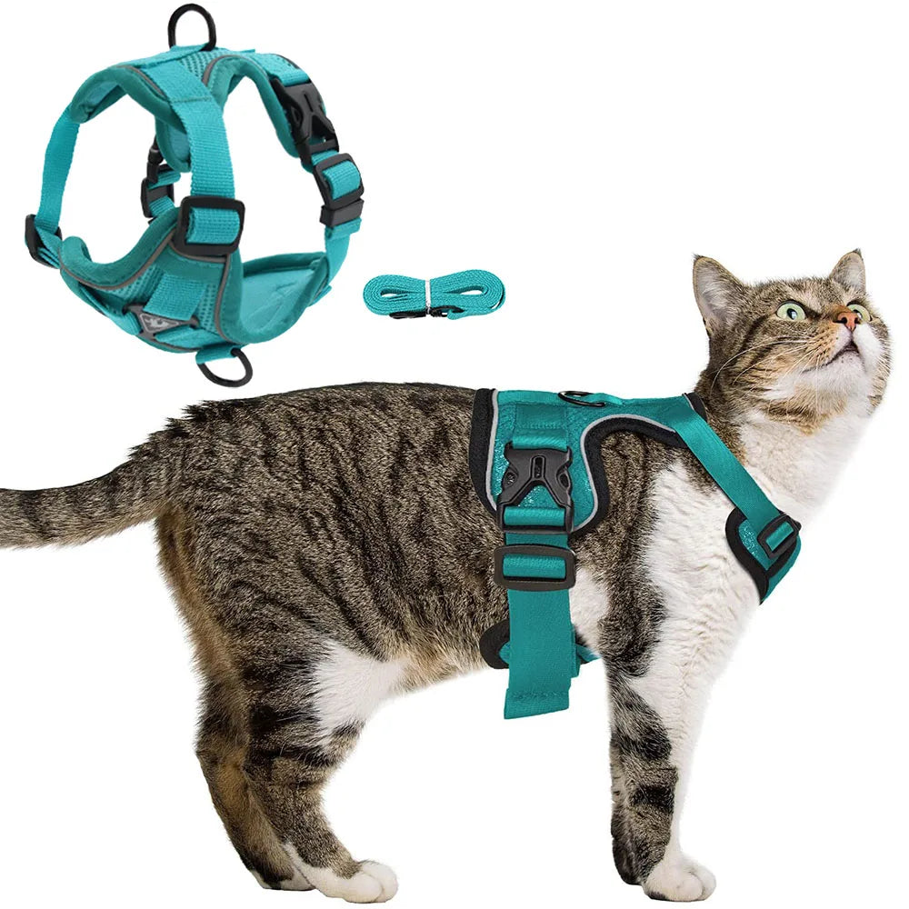 Reflective Padded Cat Harness with Ribbon Detail & Leash – Adjustable & Comfortable Nylon Vest for Cats