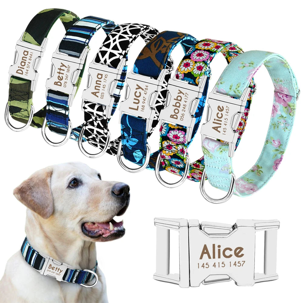 Personalized Nylon Dog or Cat Collar with Engraved ID – Adjustable Anti-Lost Nameplate for Small, Medium & Large Dogs Ditzy Petunia