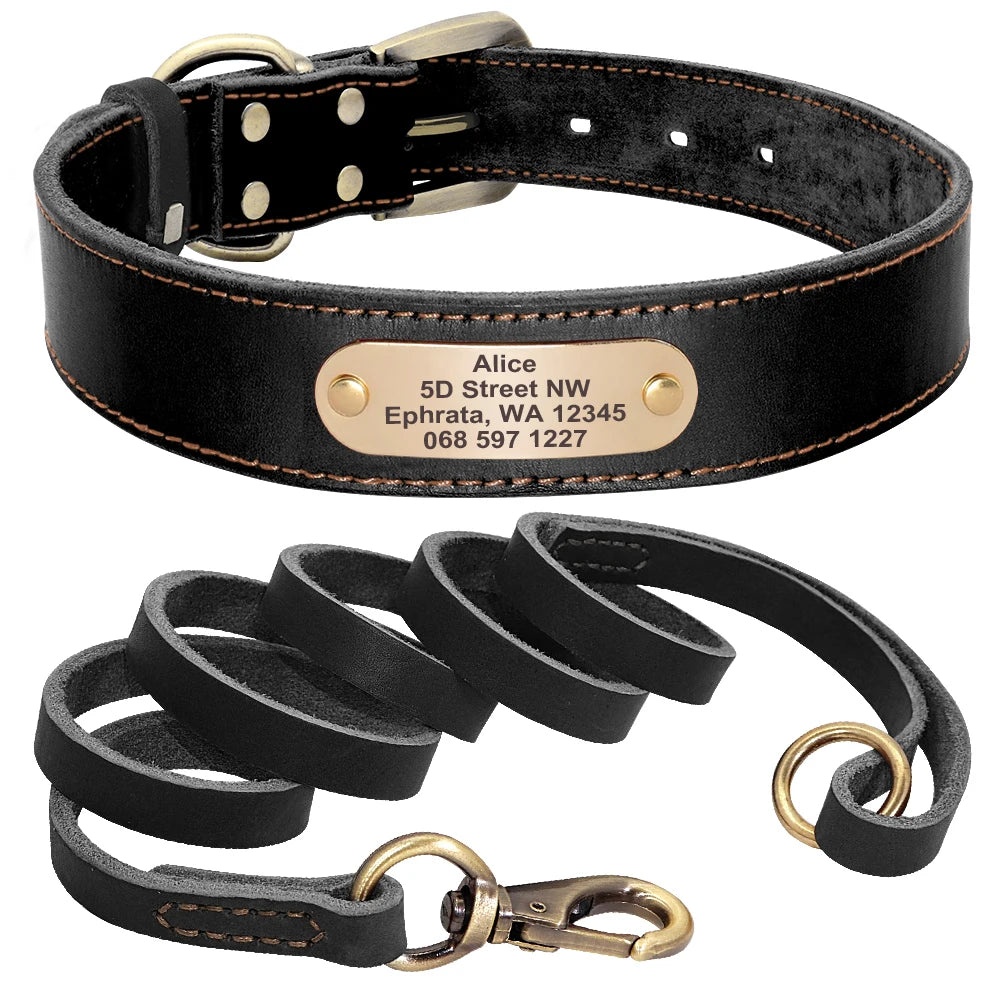 Personalized Genuine Leather Dog Collar & Leash Set – Adjustable & Durable for Small to Large Breeds