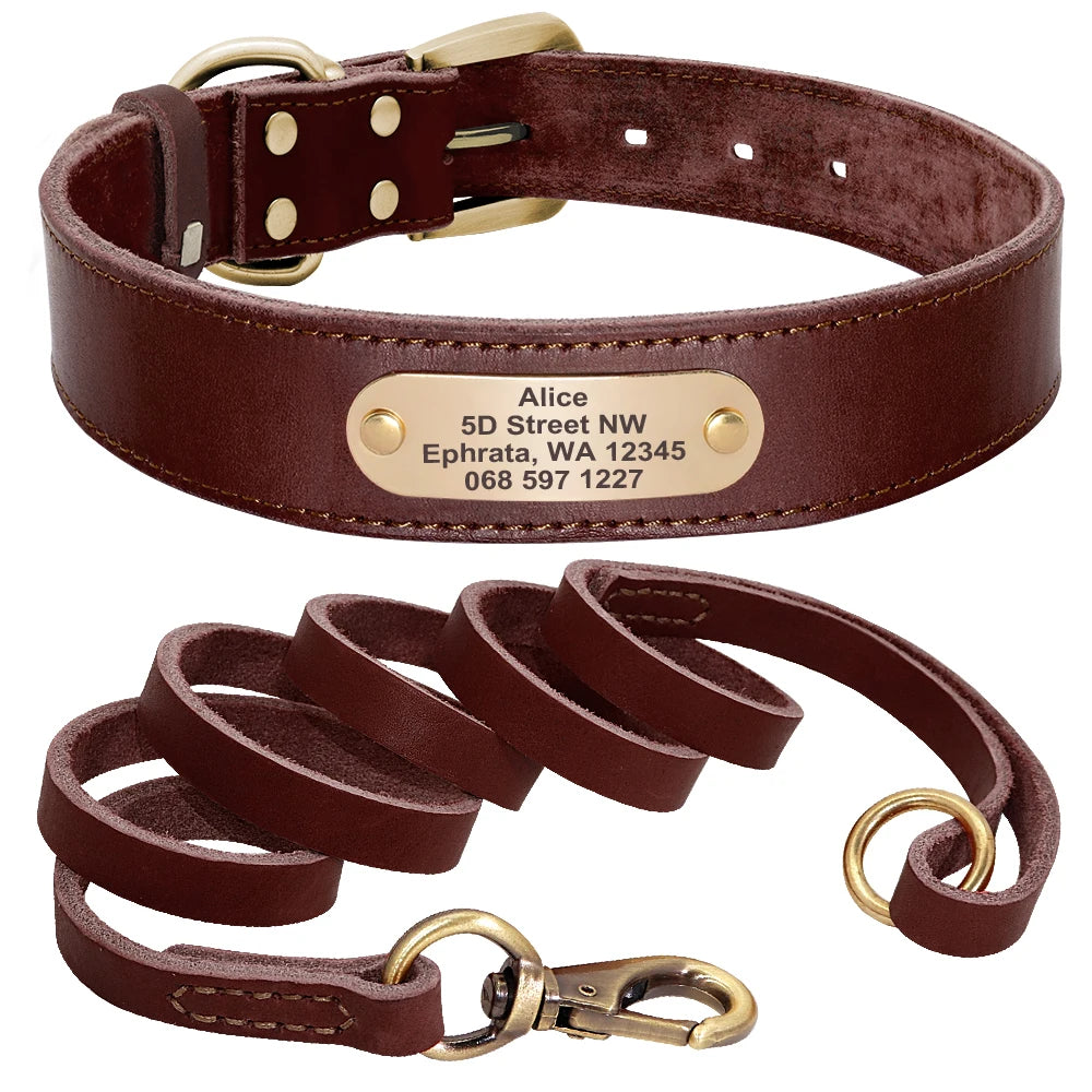 Personalized Genuine Leather Dog Collar & Leash Set – Adjustable & Durable for Small to Large Breeds