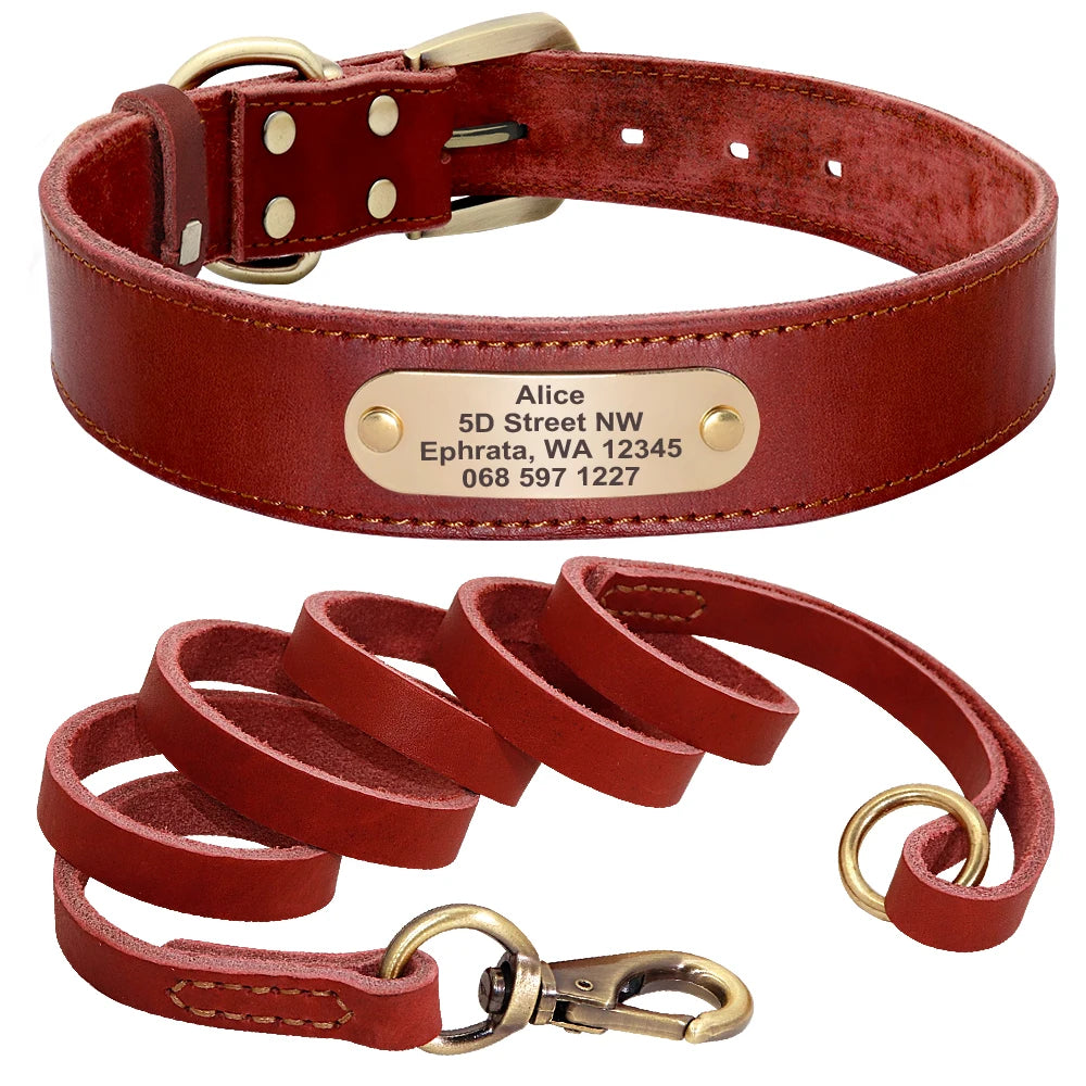 Personalized Genuine Leather Dog Collar & Leash Set – Adjustable & Durable for Small to Large Breeds