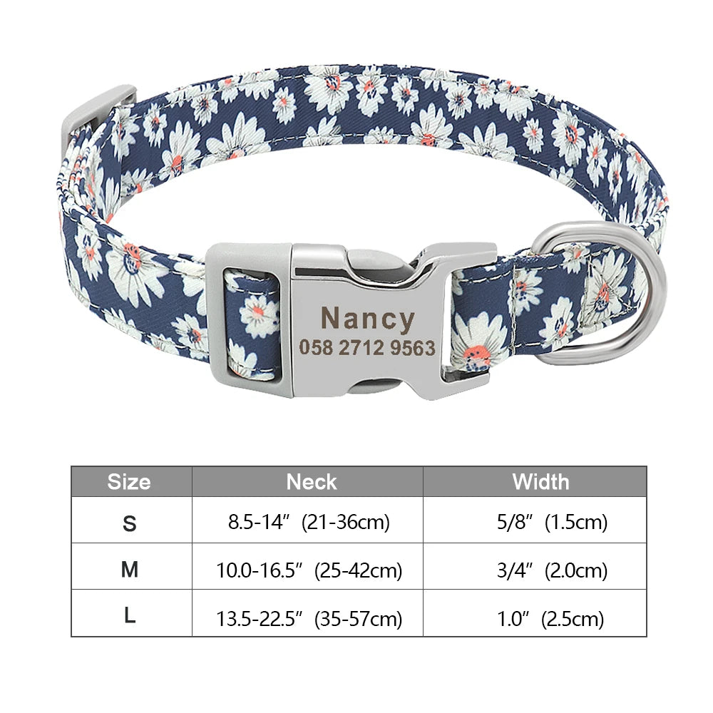Personalized Nylon Dog or Cat Collar with Engraved ID – Adjustable Anti-Lost Nameplate for Small, Medium & Large Dogs Ditzy Petunia