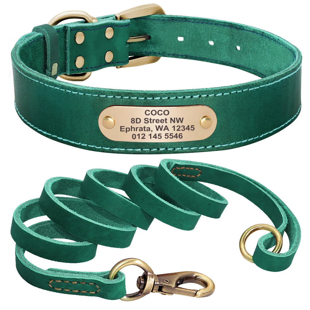 Personalized Genuine Leather Dog Collar & Leash Set – Adjustable & Durable for Small to Large Breeds