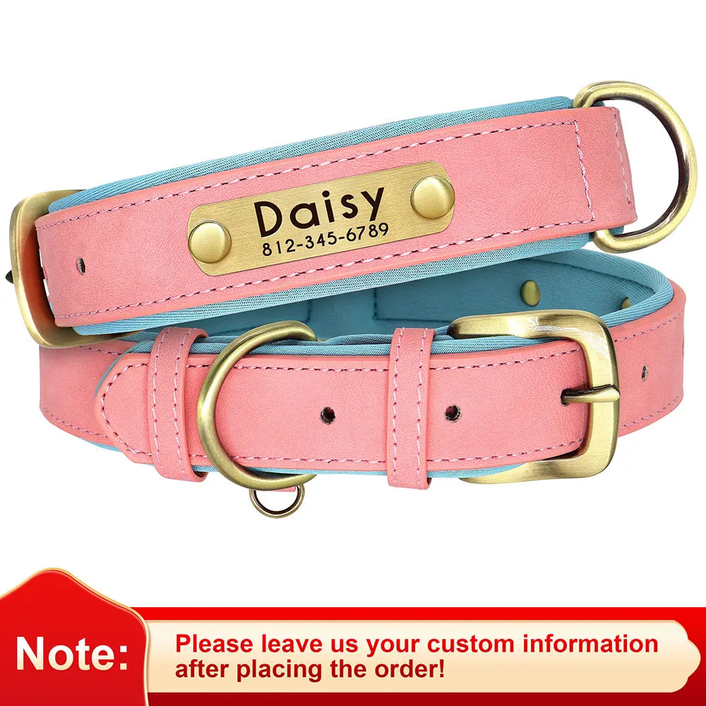Customized Leather ID Nameplate Dog Collar Soft Padded Dogs Collars Free Engraving Name for Small Medium Large Dogs Adjustable Ditzy Petunia