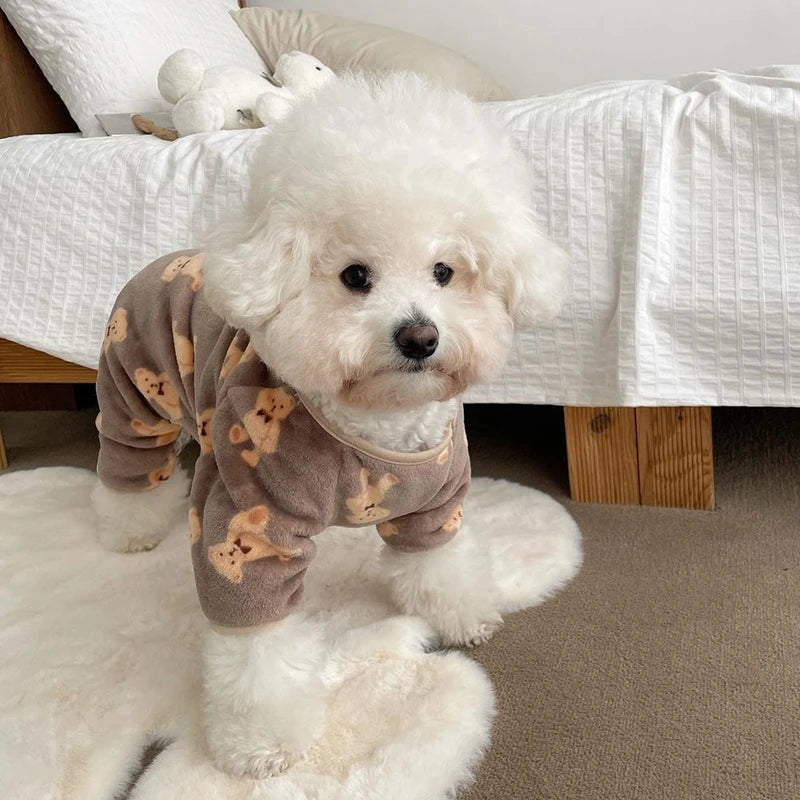 Warm Fleece Pet Jumpsuit – Cute Bear Print Pajamas for Small & Medium Dogs