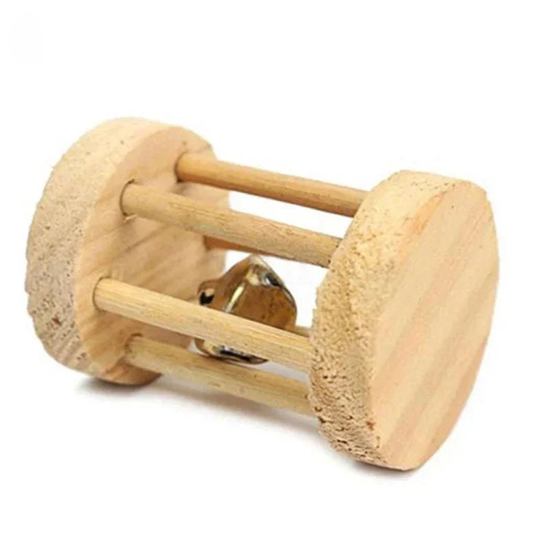 Natural Wooden Rabbit Roller & Chew Toys | Pine Dumbbells & Bell Roller for Small Pets