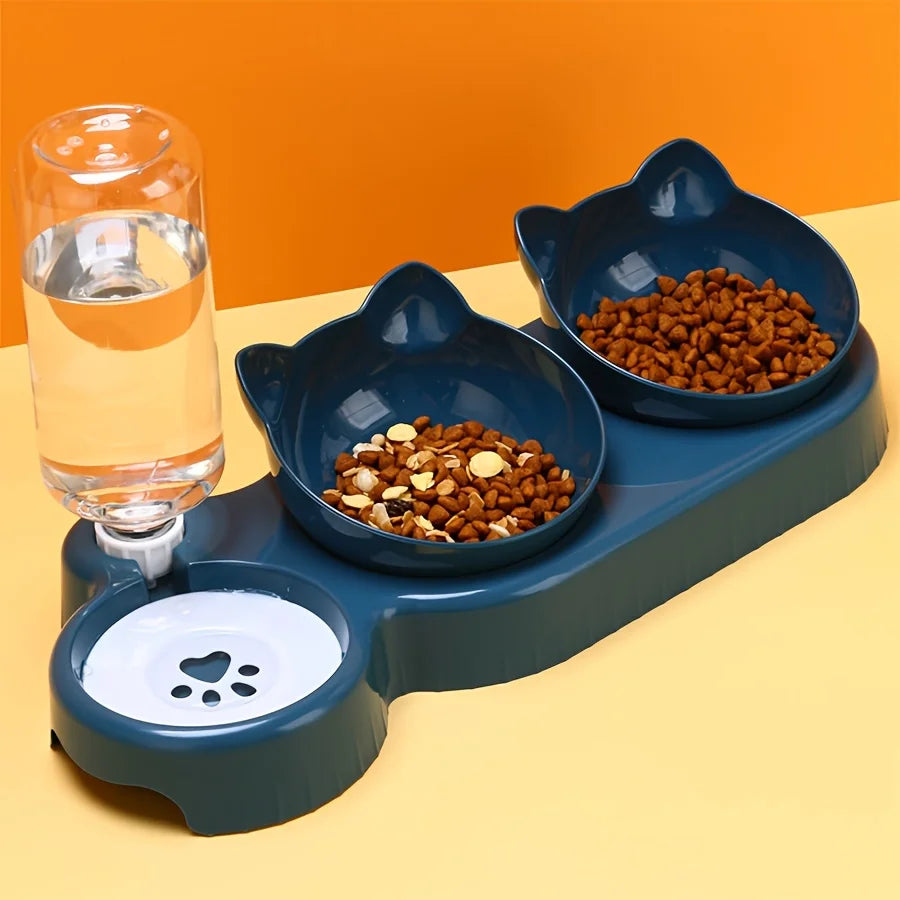 3-in-1 Tilted Cat Bowl Set with Gravity Water Feeder – Neck-Friendly Elevated Design