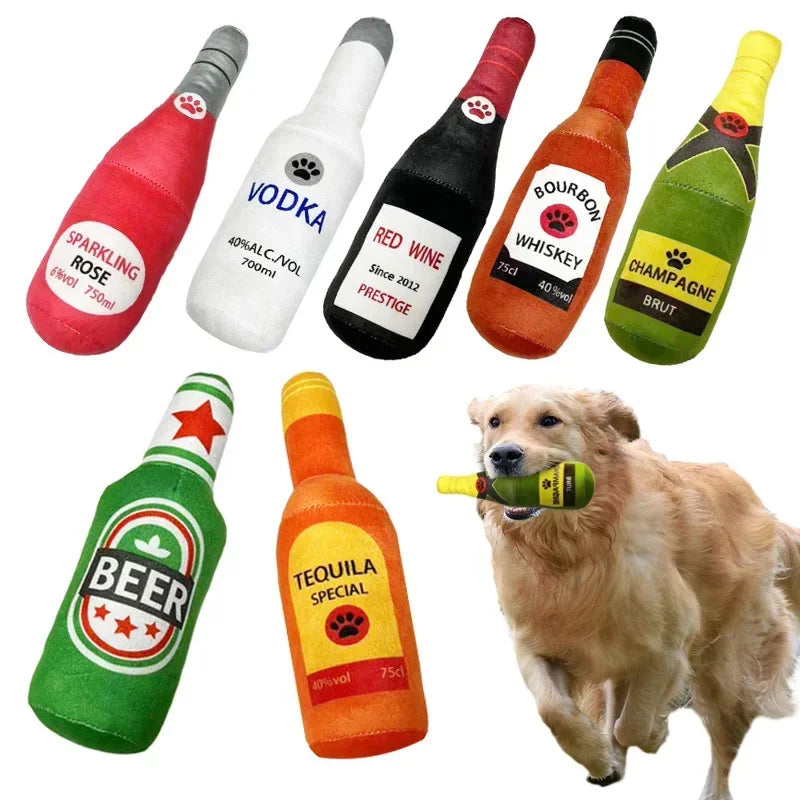 Plush Bottle-Shaped Dog Toys – Squeaky, Soft, and Chew-Friendly