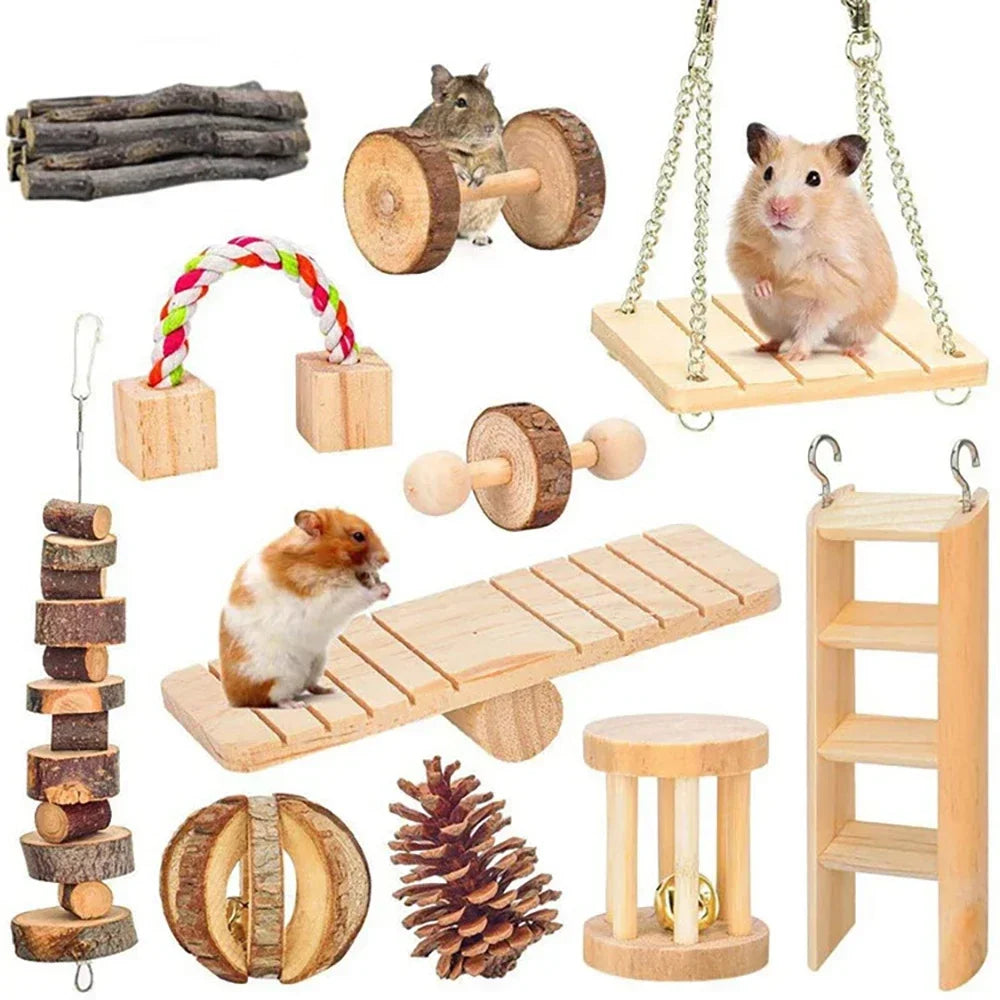 Natural Wooden Rabbit Roller & Chew Toys | Pine Dumbbells & Bell Roller for Small Pets