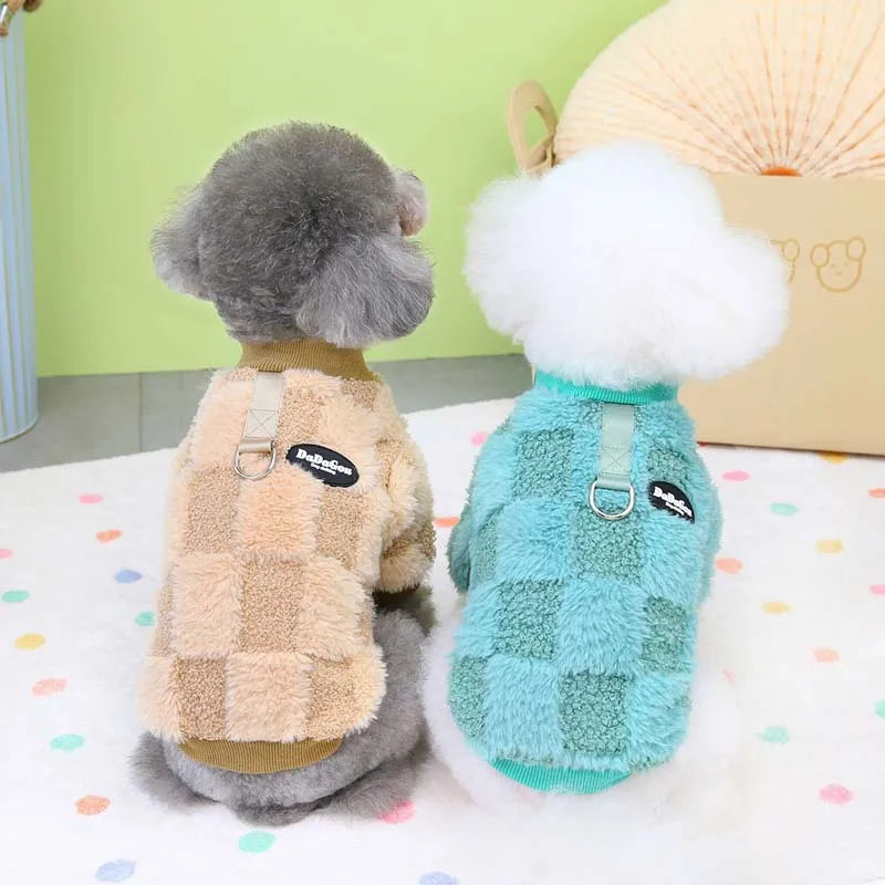 Plaid Winter Warm Dog Clothes – Soft Plush Sweater for Small Dogs & Cats