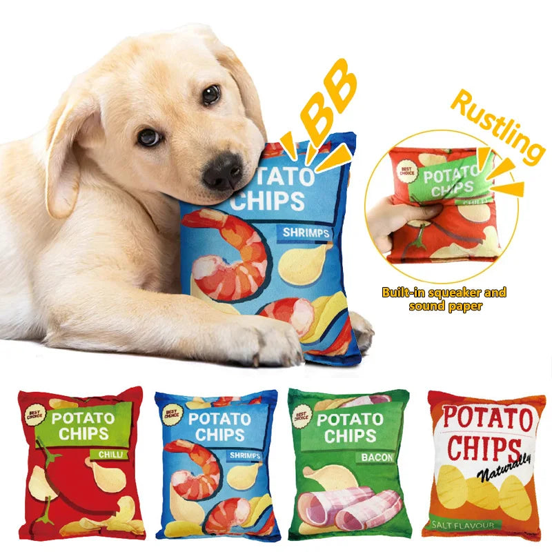 Funny Dog Crisps Squeaky Toys — Plush Snack-Shaped Chew Toys for Small to Medium Dogs