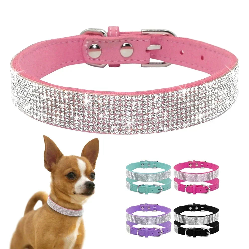 Suede Fiber Crystal Dog Collar - Rhinestone Jeweled Adjustable Collar for Small Dogs & Cats