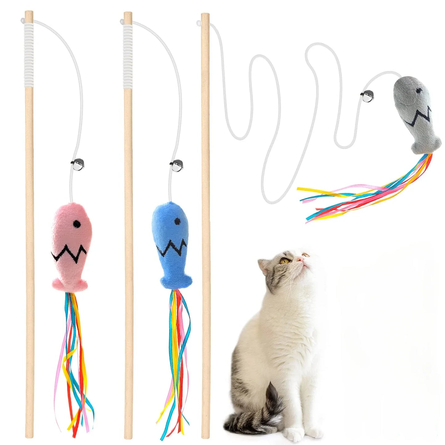 Cat Wand Toy with Ribbons, Catnip & Bells | Interactive Cat Teaser for Indoor Cats