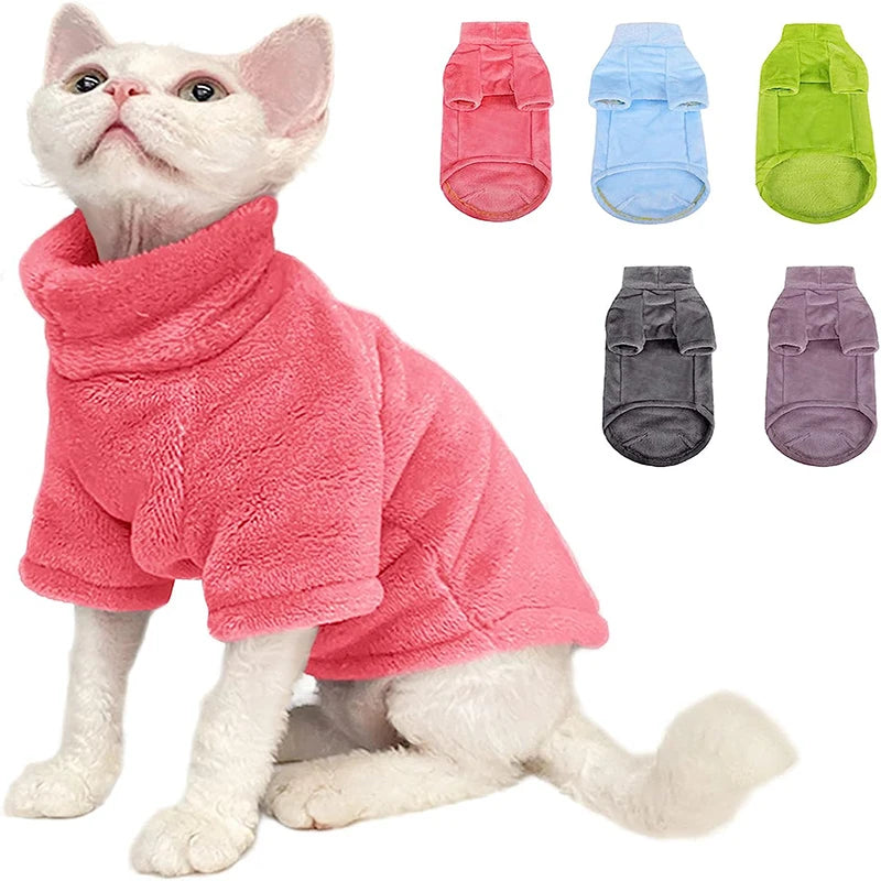 Turtleneck Cat Sweater Coat - Warm Fleece Winter Clothes for Hairless Cats & Small Dogs Ditzy Petunia