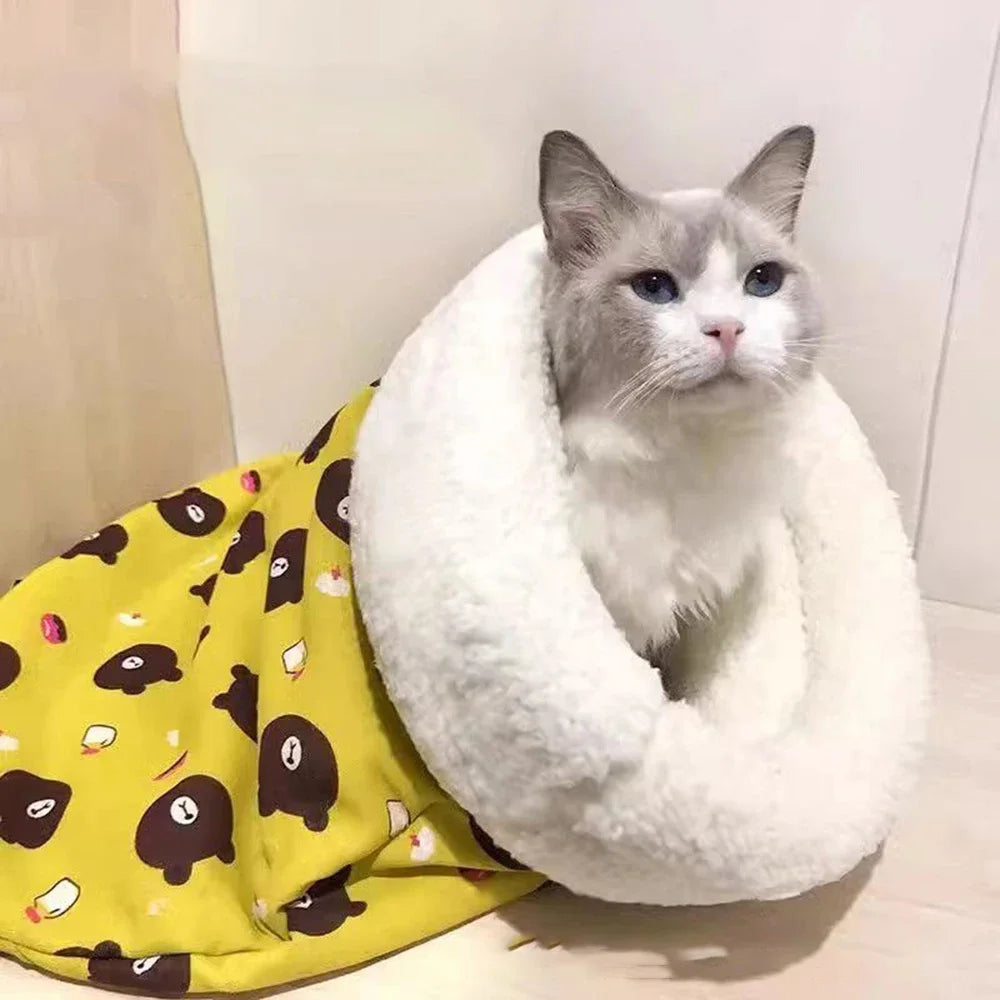 Plush cat sleeping bag, cozy cat bed with lamb wool, sleeping bag-style cat nest, quilted cat nest for large cats, warm cat bed for winter, cartoon-printed cat sleeping bag, moisture-proof cat bed, pink and blue cat bed, washable cat nest, comfortable beds for cats.