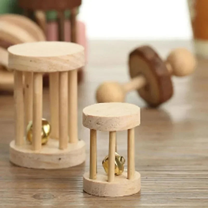 Natural Wooden Rabbit Roller & Chew Toys | Pine Dumbbells & Bell Roller for Small Pets