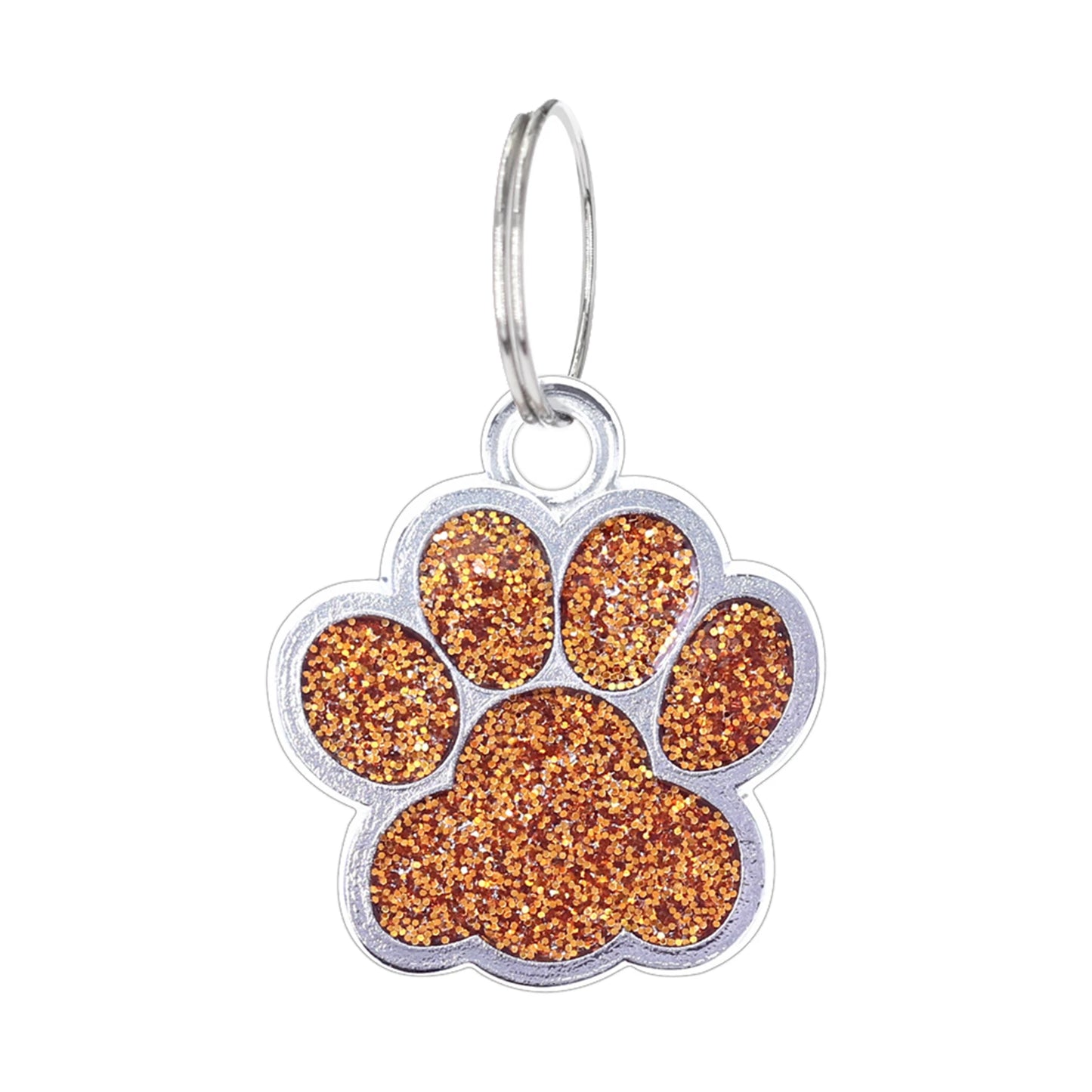 Custom Engraved Paw-Shaped Pet ID Tag โ Reflective Glitter Name Tags for Dogs & Cats