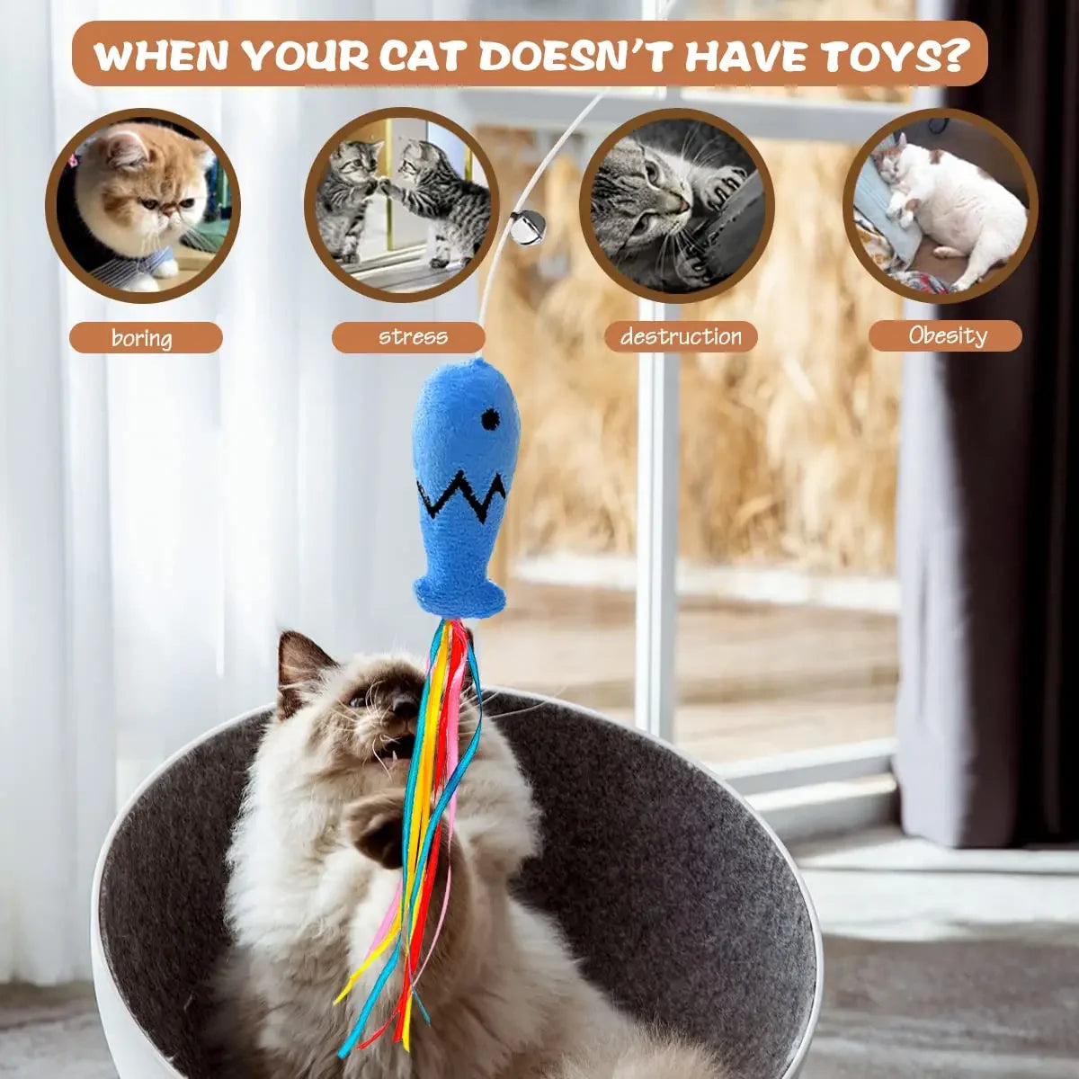 Cat Wand Toy with Ribbons, Catnip & Bells | Interactive Cat Teaser for Indoor Cats