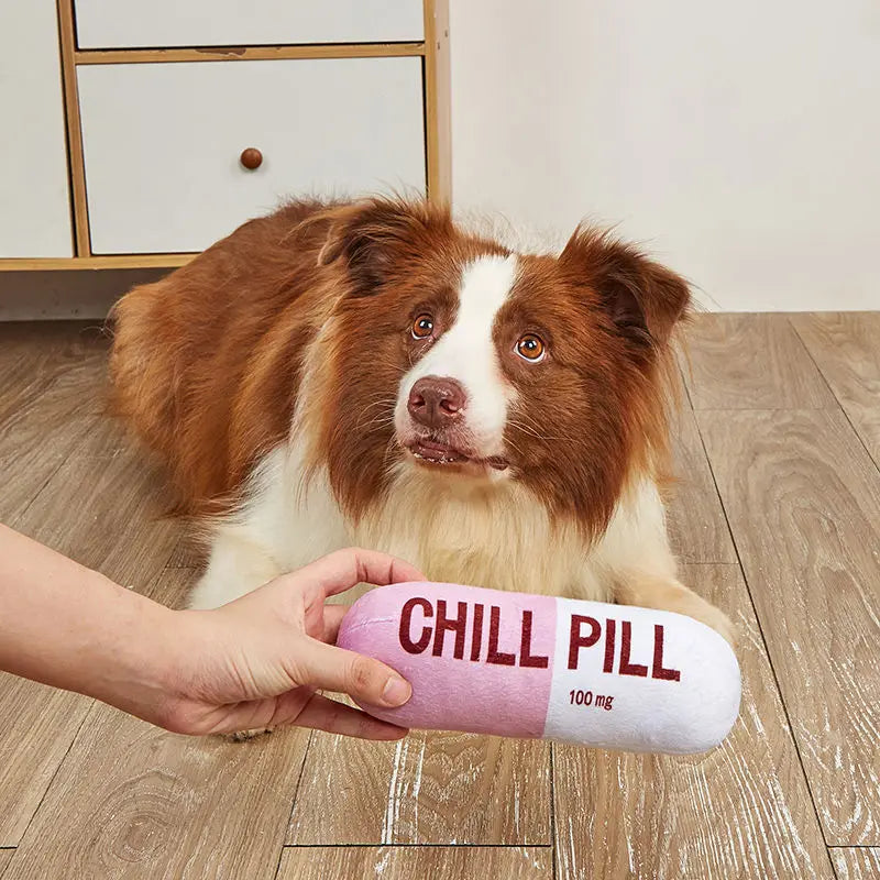 Vocal Pet Plush Toy - Chill Pill Capsule Shape, Bite Resistant Fabric, Built-in BB Vocal Sound
