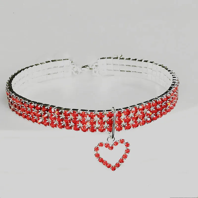 Elegant Rhinestone Pet Collar with Heart Pendant – Adjustable Jeweled Dog & Cat Necklace