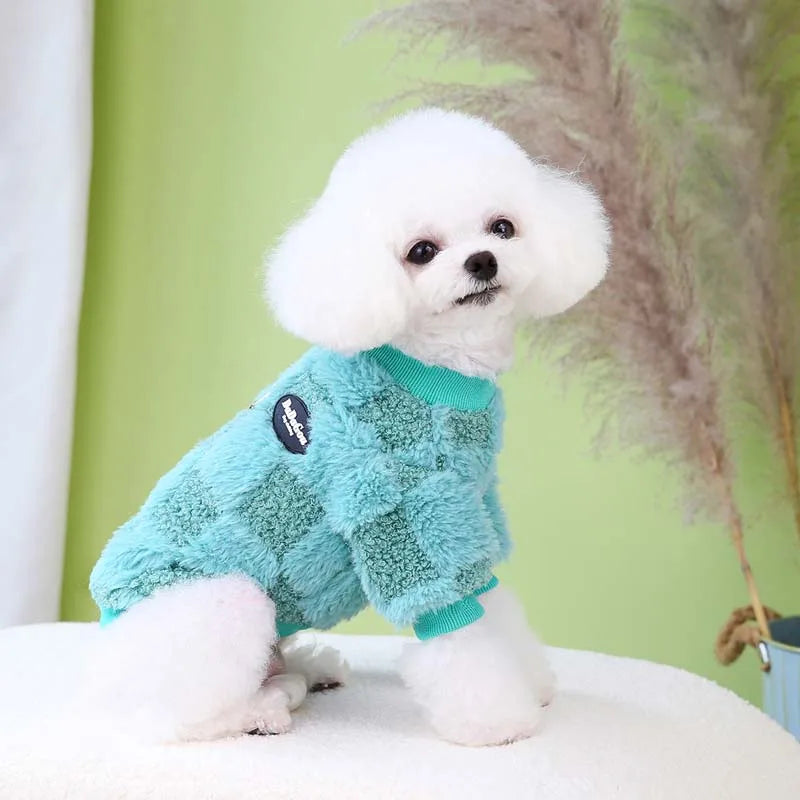 Plaid Winter Warm Dog Clothes – Soft Plush Sweater for Small Dogs & Cats