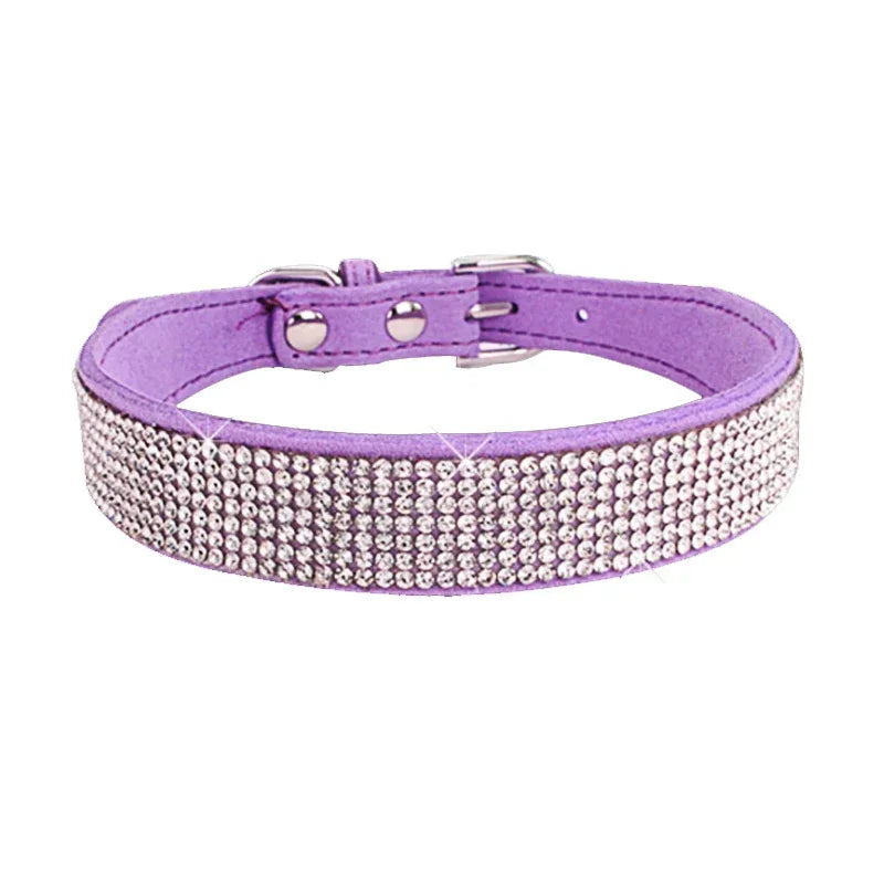 Suede Fiber Crystal Dog Collar - Rhinestone Jeweled Adjustable Collar for Small Dogs & Cats