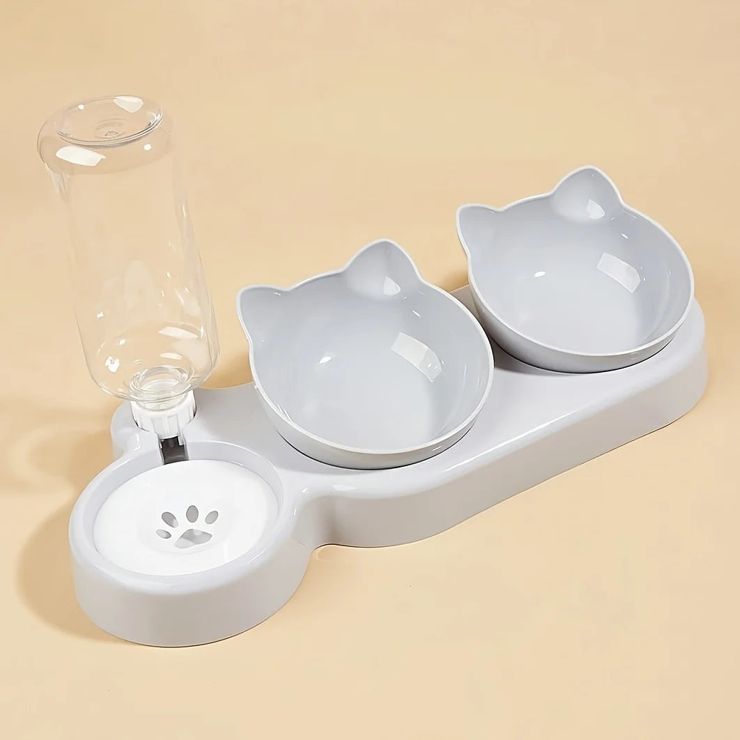 3-in-1 Tilted Cat Bowl Set with Gravity Water Feeder – Neck-Friendly Elevated Design