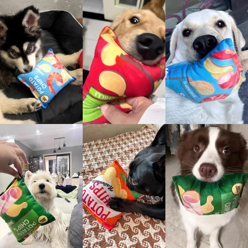 Funny Dog Crisps Squeaky Toys — Plush Snack-Shaped Chew Toys for Small to Medium Dogs