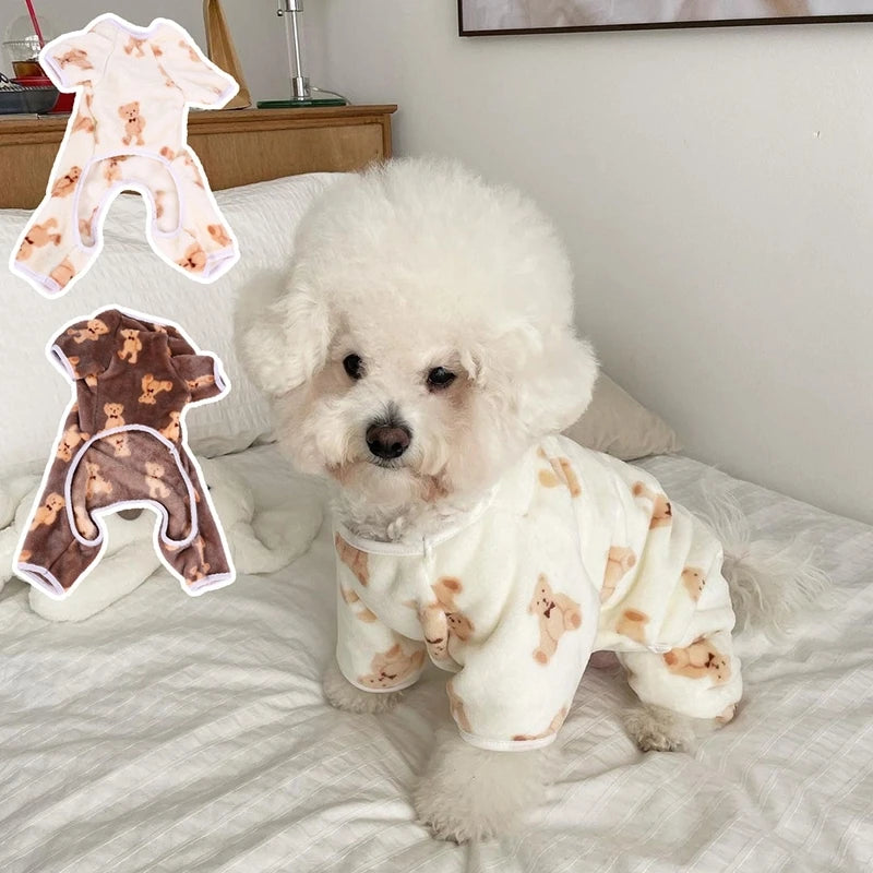 Warm Fleece Pet Jumpsuit – Cute Bear Print Pajamas for Small & Medium Dogs