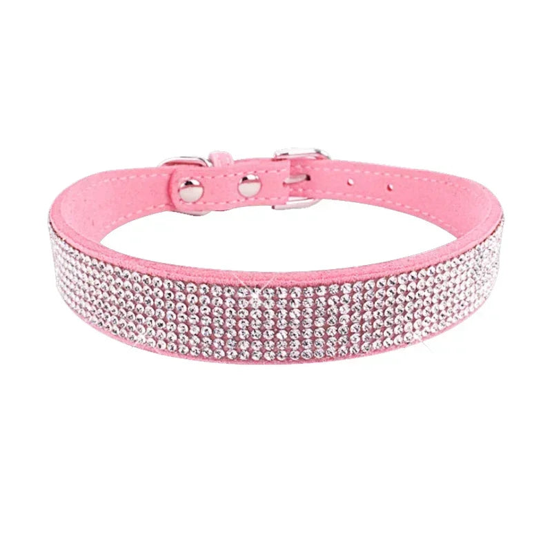 Suede Fiber Crystal Dog Collar - Rhinestone Jeweled Adjustable Collar for Small Dogs & Cats