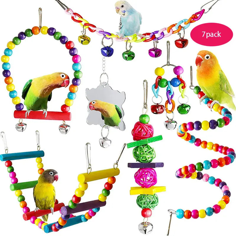 7 Pack Wood Parrot Toys – Bird Toy Set for Cage Accessories, Swings, Bridges, and Bells Ditzy Petunia