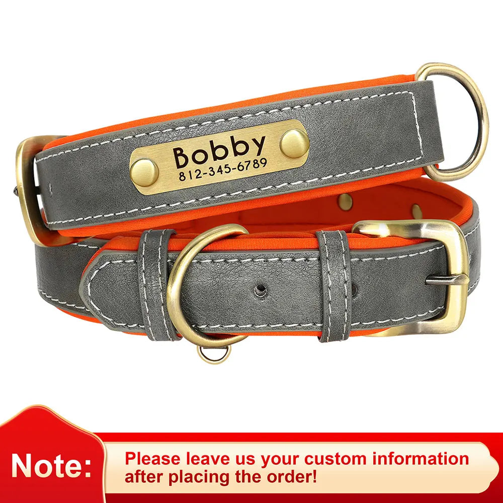 Customized Leather ID Nameplate Dog Collar Soft Padded Dogs Collars Free Engraving Name for Small Medium Large Dogs Adjustable Ditzy Petunia