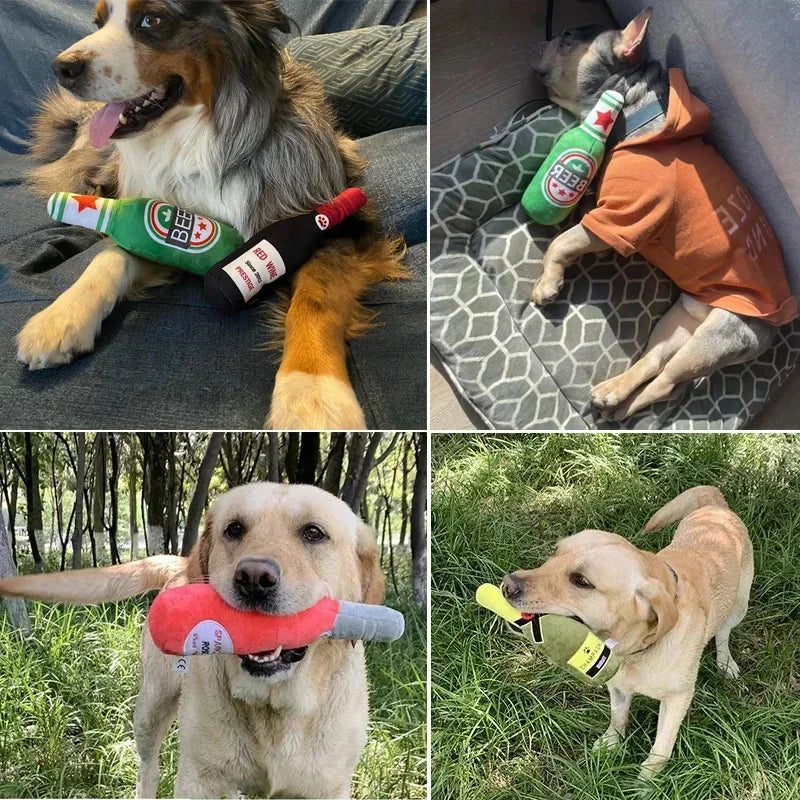 Plush Bottle-Shaped Dog Toys – Squeaky, Soft, and Chew-Friendly
