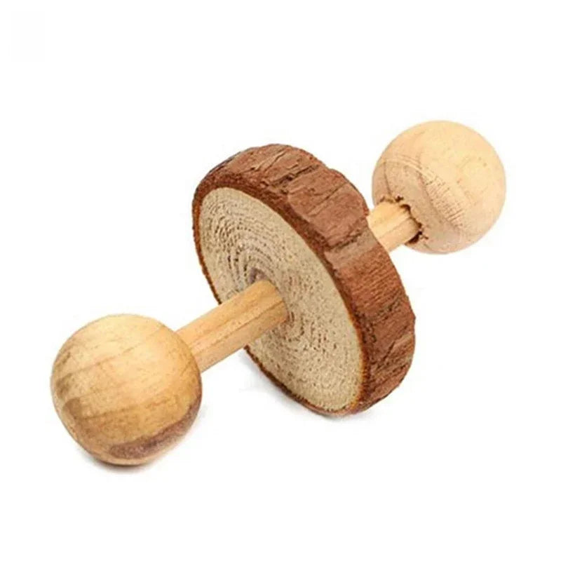 Natural Wooden Rabbit Roller & Chew Toys | Pine Dumbbells & Bell Roller for Small Pets