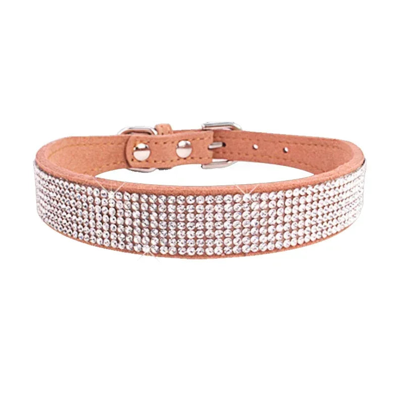 Suede Fiber Crystal Dog Collar - Rhinestone Jeweled Adjustable Collar for Small Dogs & Cats