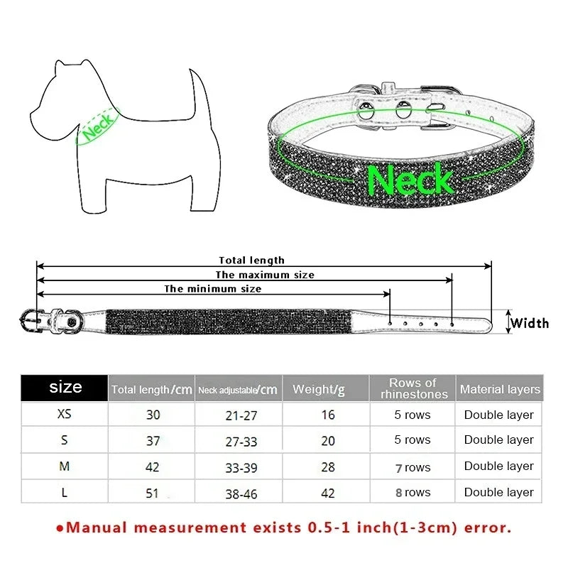 Suede Fiber Crystal Dog Collar - Rhinestone Jeweled Adjustable Collar for Small Dogs & Cats
