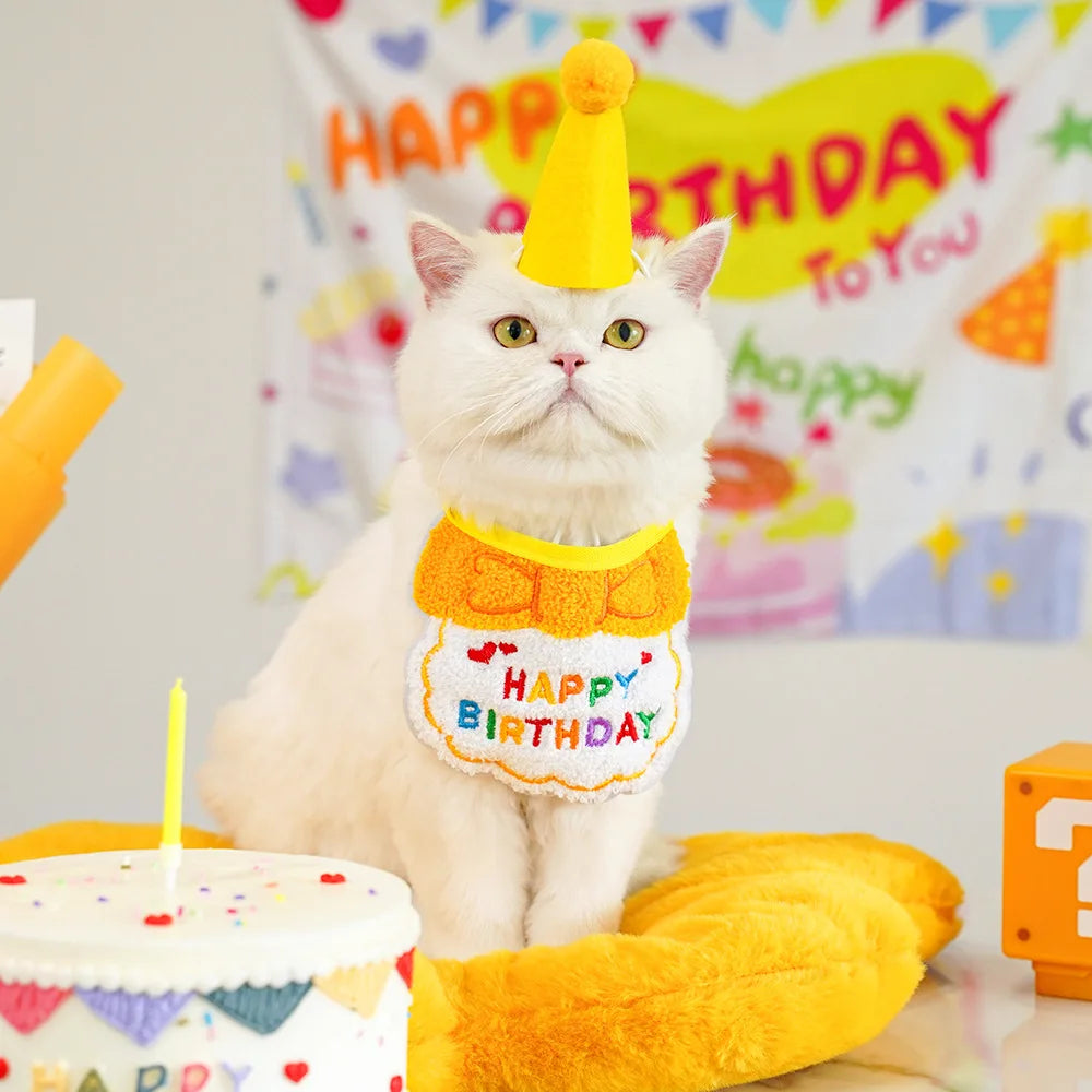 Pet Birthday Hat & Scarf Set – Adjustable Cat/Dog Birthday Supplies with Mini Saliva Towel