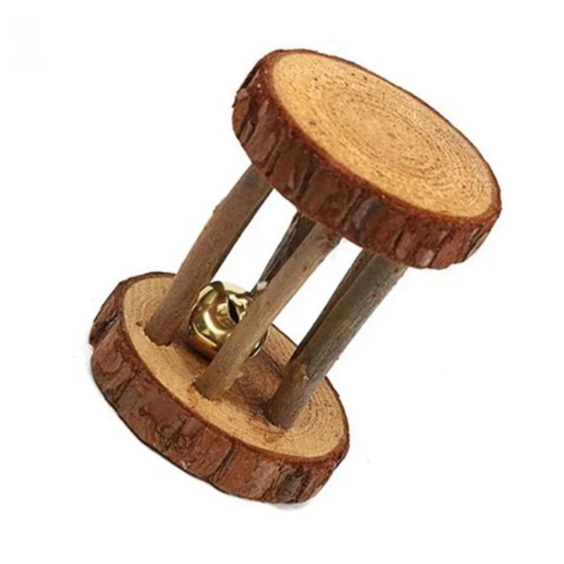 Natural Wooden Rabbit Roller & Chew Toys | Pine Dumbbells & Bell Roller for Small Pets