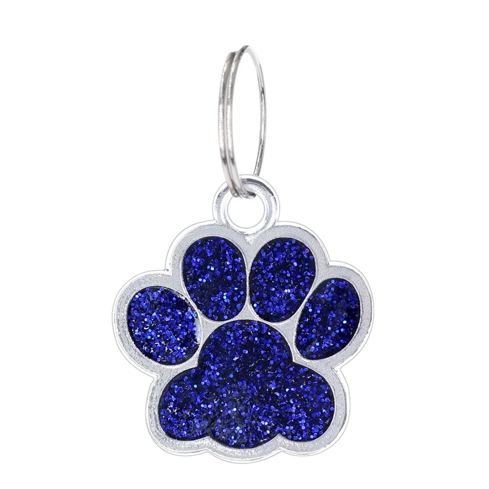 Custom Engraved Paw-Shaped Pet ID Tag โ Reflective Glitter Name Tags for Dogs & Cats
