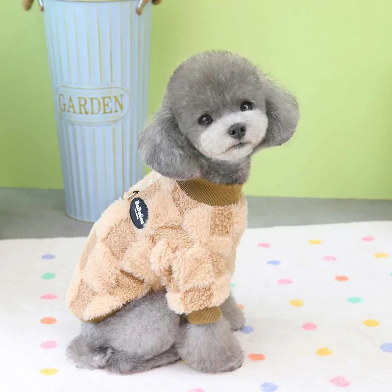 Plaid Winter Warm Dog Clothes – Soft Plush Sweater for Small Dogs & Cats