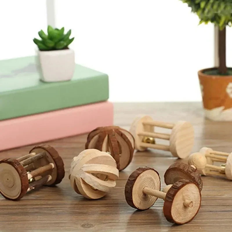 Natural Wooden Rabbit Roller & Chew Toys | Pine Dumbbells & Bell Roller for Small Pets