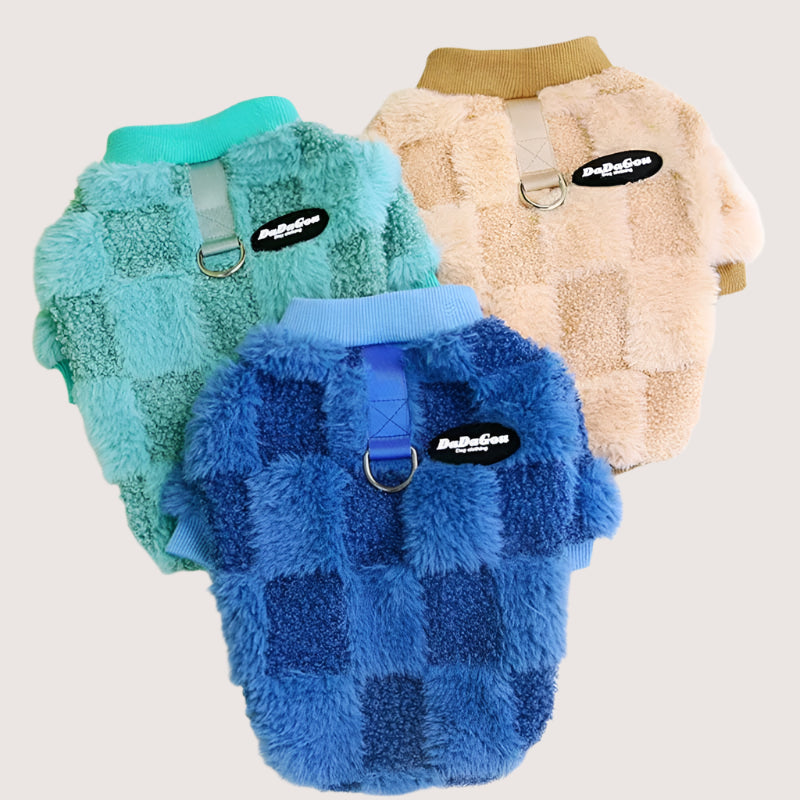 Plaid Winter Warm Dog Clothes – Soft Plush Sweater for Small Dogs & Cats