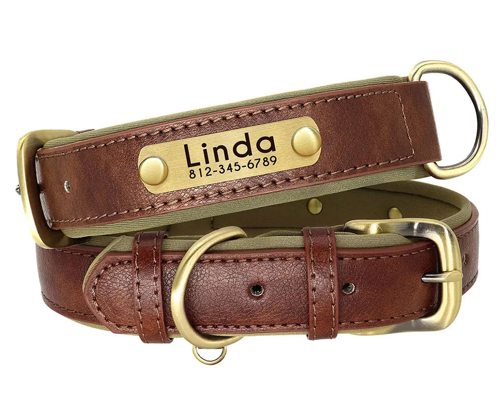 Customized Leather ID Nameplate Dog Collar Soft Padded Dogs Collars Free Engraving Name for Small Medium Large Dogs Adjustable Ditzy Petunia