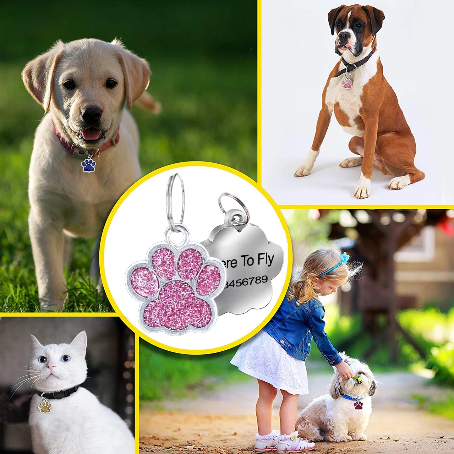 Custom Engraved Paw-Shaped Pet ID Tag โ Reflective Glitter Name Tags for Dogs & Cats