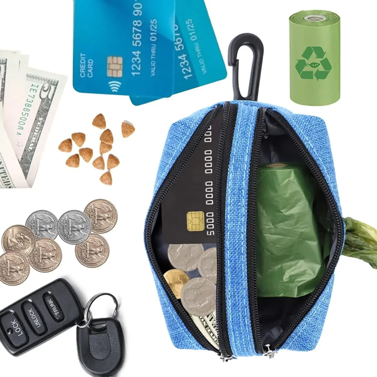Portable Dog Poop Bag Dispenser with Auto-Lock Zipper, Waterproof Oxford Fabric, 2 Pockets for Leash, Key & Cards Ditzy Petunia