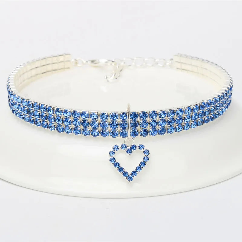 Elegant Rhinestone Pet Collar with Heart Pendant – Adjustable Jeweled Dog & Cat Necklace