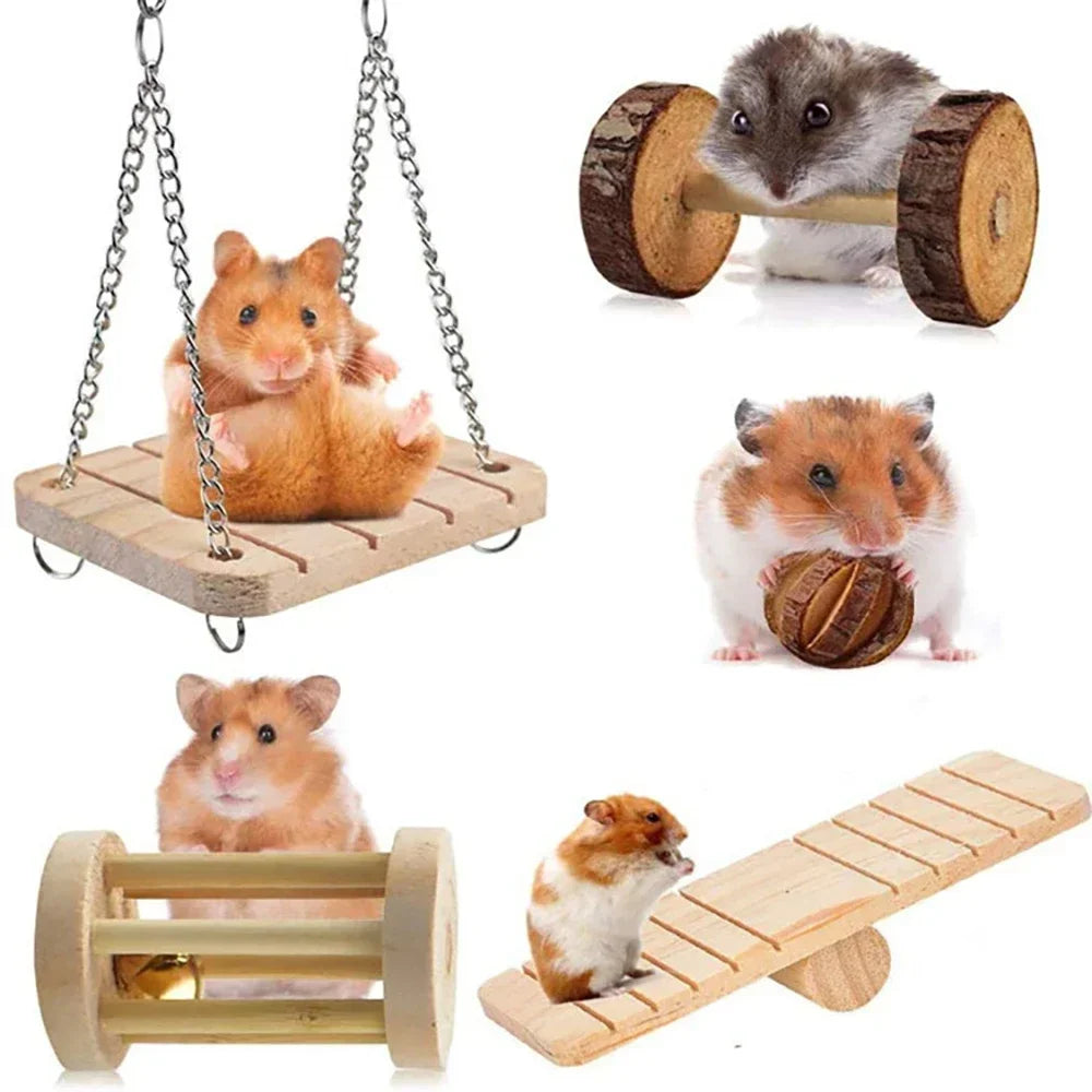 Natural Wooden Rabbit Roller & Chew Toys | Pine Dumbbells & Bell Roller for Small Pets