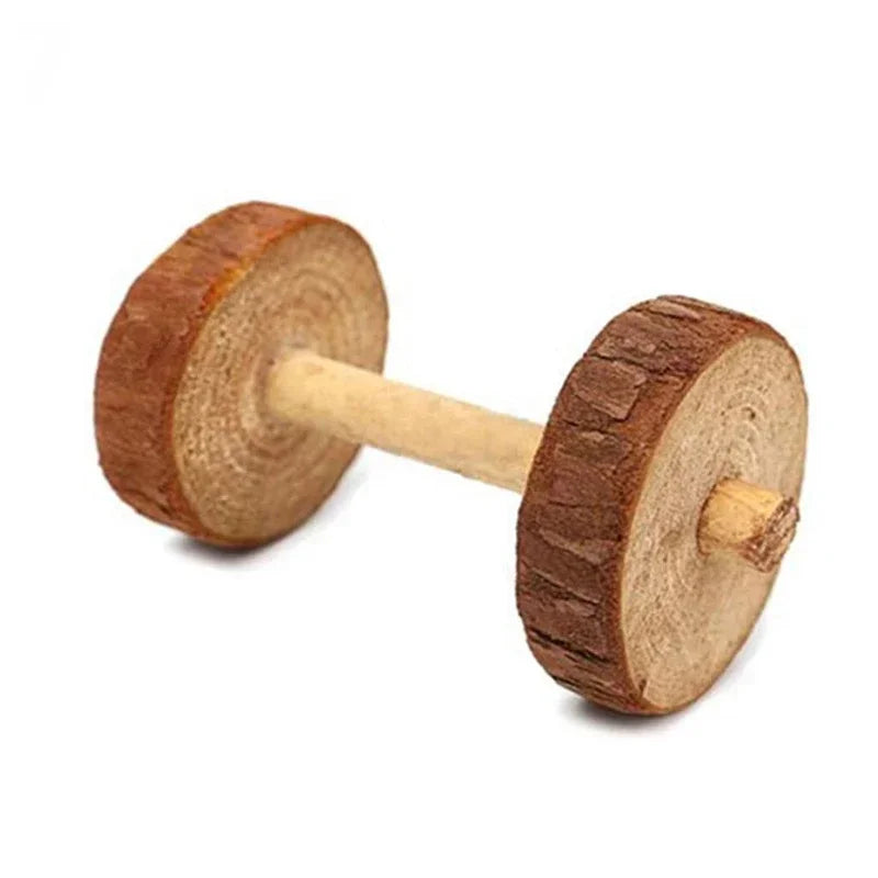 Natural Wooden Rabbit Roller & Chew Toys | Pine Dumbbells & Bell Roller for Small Pets